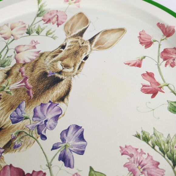 Vintage Judy Mizell Potpourri Petunia's Garden Rabbit Tin Serving 13" Round Tray - Picture 4 of 6